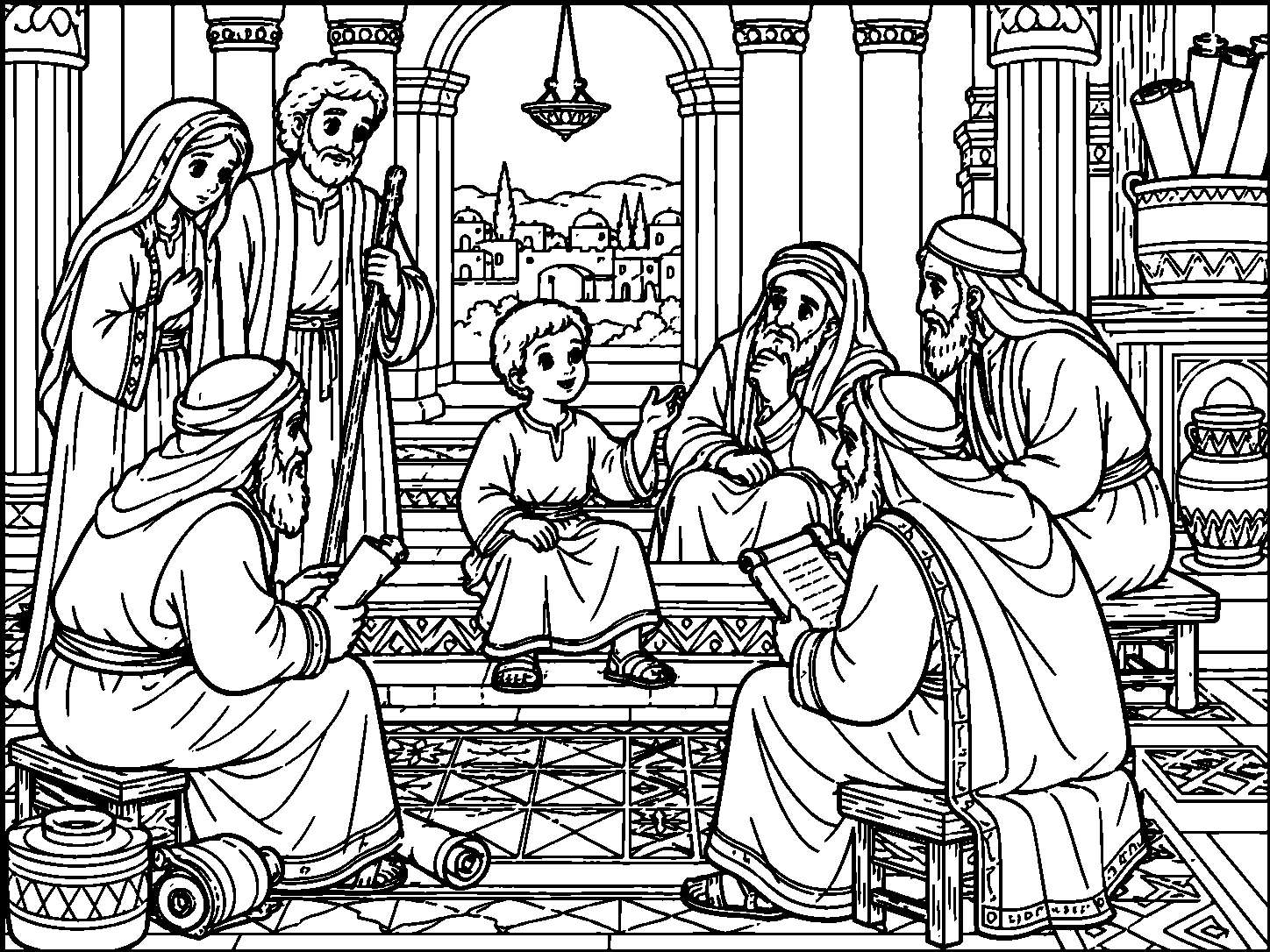 Jesus as a Boy in the Temple colouring page preview