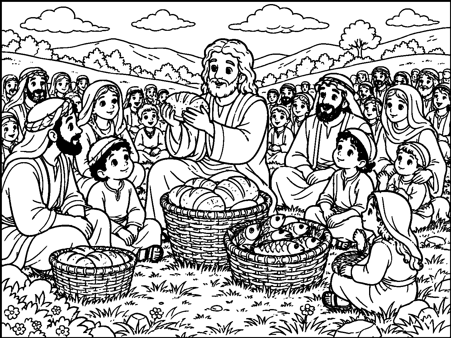 Jesus Feeds the Five Thousand colouring page preview