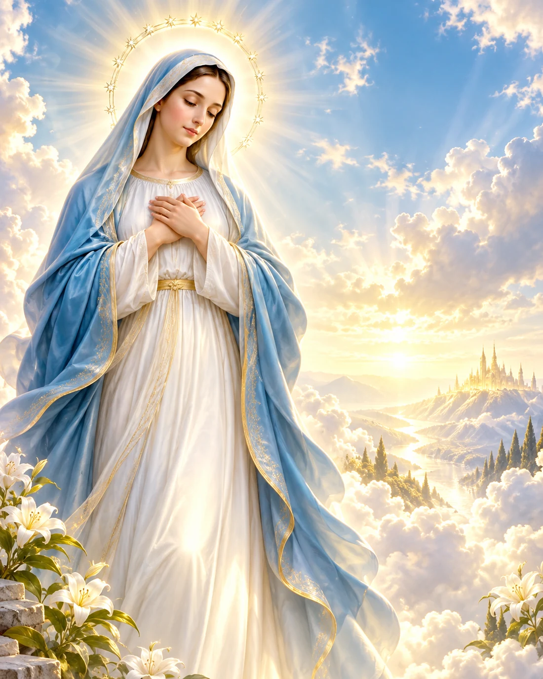 Devotional illustration of Mary in a bright heavenly landscape
