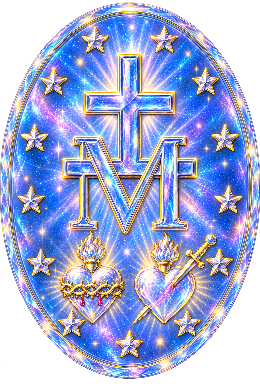 Cosmic transparent reverse of the Miraculous Medal with the Cross over M, twelve stars and the Hearts of Jesus and Mary