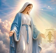 The Miraculous Medal in a luminous Marian heaven scene
